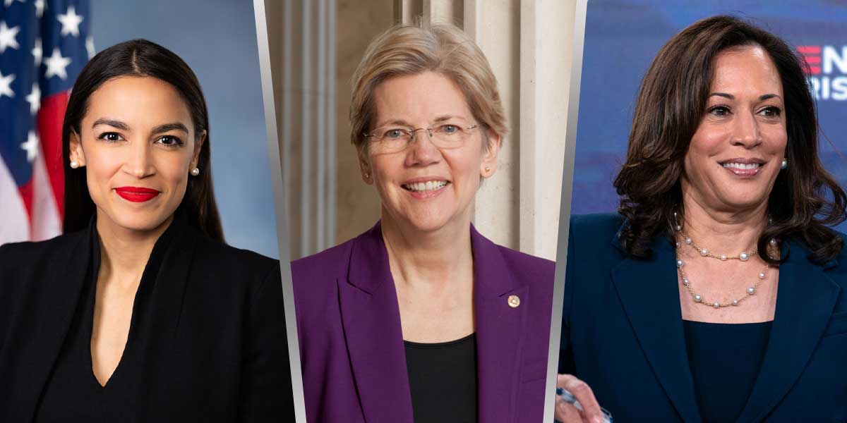 Alexandria Ocasio-Cortez, Elizabeth Warren, Kamala Harris